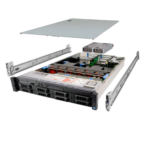 2U 8-Bay PowerEdge R730 3.5'' SAS \/ SATA quarter turn view with lid raised to show interior components, with 2 PSUs and rail kit drumrack