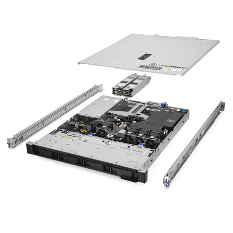 1U 4-Bay PowerEdge R340 3.5'' SAS \/ SATA quarter turn view with lid raised to show interior components, with 2 PSUs and rail kit TM-340-SAP-016