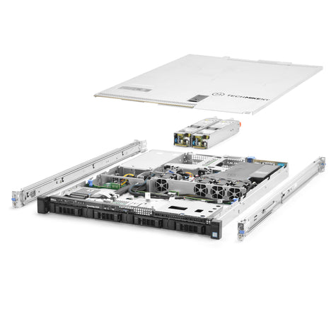 1U 4-Bay PowerEdge R330 3.5'' SAS \/ SATA quarter turn view with lid raised to show interior components, with 2 PSUs and rail kit AWNEFirstServer
