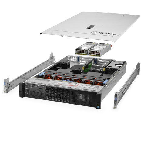 2U 8-Bay PowerEdge R730 2.5'' SAS \/ SATA quarter turn view with lid raised to show interior components, with 2 PSUs and rail kit EdgeServer