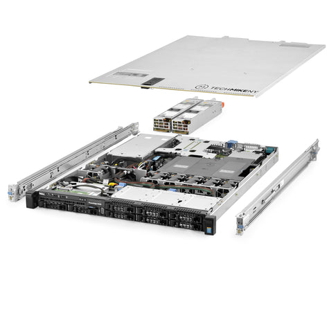 1U 8-Bay PowerEdge R430 2.5'' SAS \/ SATA quarter turn view with lid raised to show interior components, with 2 PSUs and rail kit TM-430-SAP-551