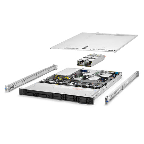1U 8-Bay PowerEdge R440 2.5'' SAS \/ SATA quarter turn view with lid raised to show interior components, with 2 PSUs and rail kit R440_8x25_24C_128R_8xHDTy