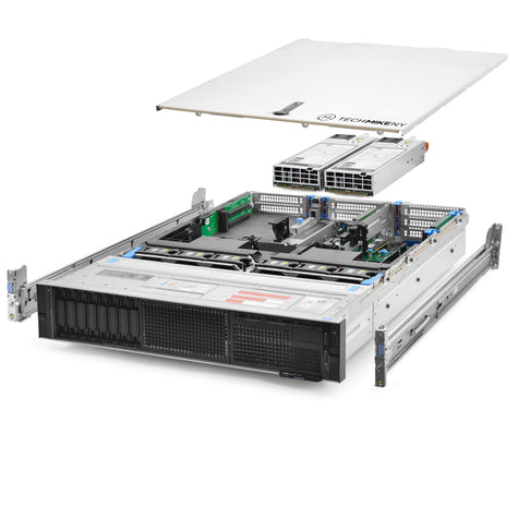 2U 8-Bay PowerEdge R740 2.5'' SAS \/ SATA quarter turn view with lid raised to show interior components, with 2 PSUs and rail kit TM-740-SAP-576