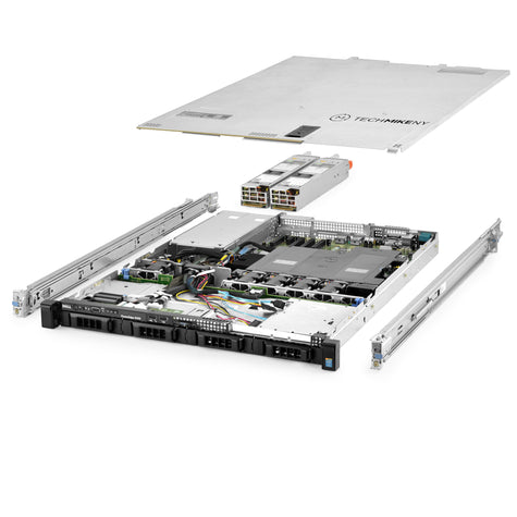 1U 4-Bay PowerEdge R430 3.5'' SAS \/ SATA quarter turn view with lid raised to show interior components, with 2 PSUs and rail kit TM-430-SAP-410