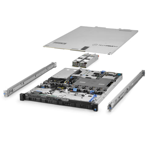 1U 4-Bay PowerEdge R430 Cabled 3.5'' SAS \/ SATA quarter turn view with lid raised to show interior components, with 2 PSUs and rail kit TM-430-SAP-186