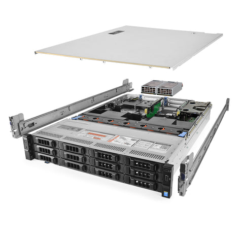 2U 12-Bay PowerEdge R730xd 3.5'' SAS \/ SATA quarter turn view with lid raised to show interior components, with 2 PSUs and rail kit TM-SAP-730xd-383