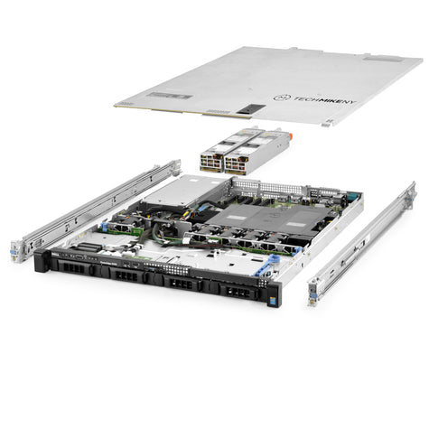 1U 4-Bay PowerEdge R430 3.5'' SAS \/ SATA quarter turn view with lid raised to show interior components, with 2 PSUs and rail kit Standard_Deployment_R430