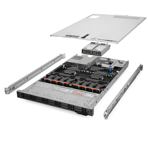 1U 10-Bay PowerEdge R640 NVMe 4x 2.5'' NVMe quarter turn view with lid raised to show interior components, with 2 PSUs and rail kit TM-SAP-640-118